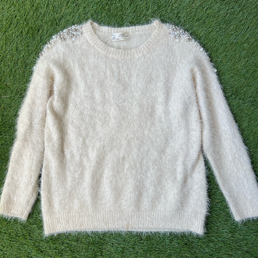 Women’s White Sweater with beaded shoulder detail